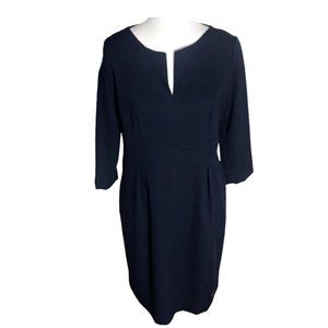 Lenitif Women's A-Line Dress Size XL Navy V Neck Back Zip 3/4 Sleeve Pleated